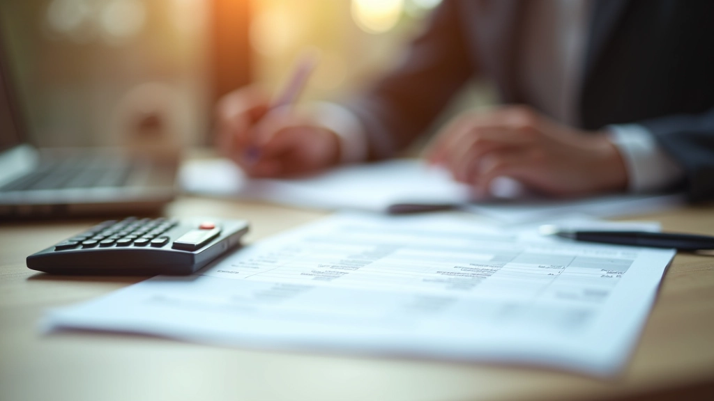 Spreadsheet mit Budgetberechnung, Stift und Taschenrechner auf Schreibtisch