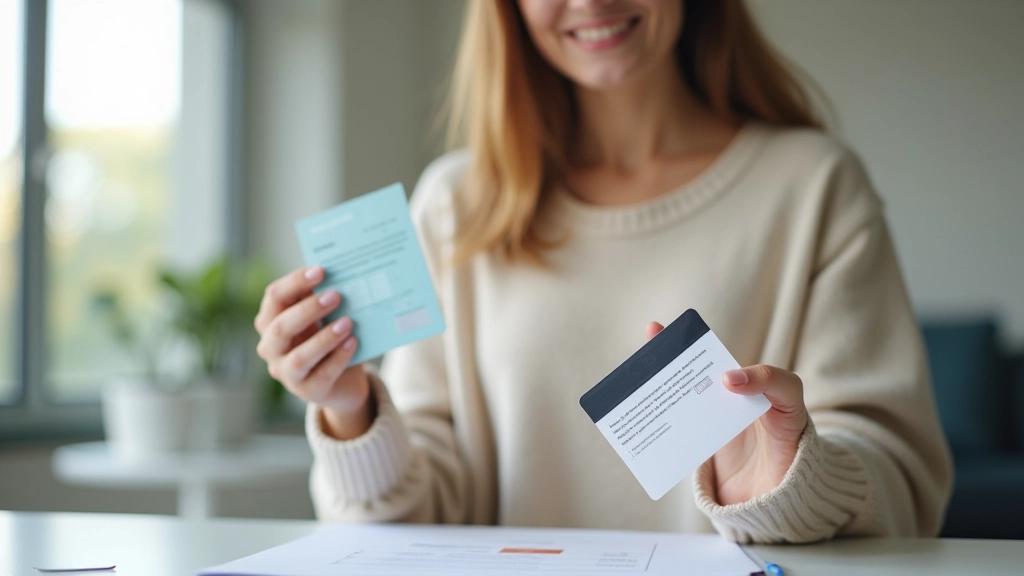 Frau mit Krankenversicherungskarte und Dokumenten am modernen Schreibtisch